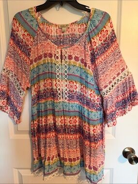 ONE WORLD Multicolor Boho Tunic with Eyelet Detail